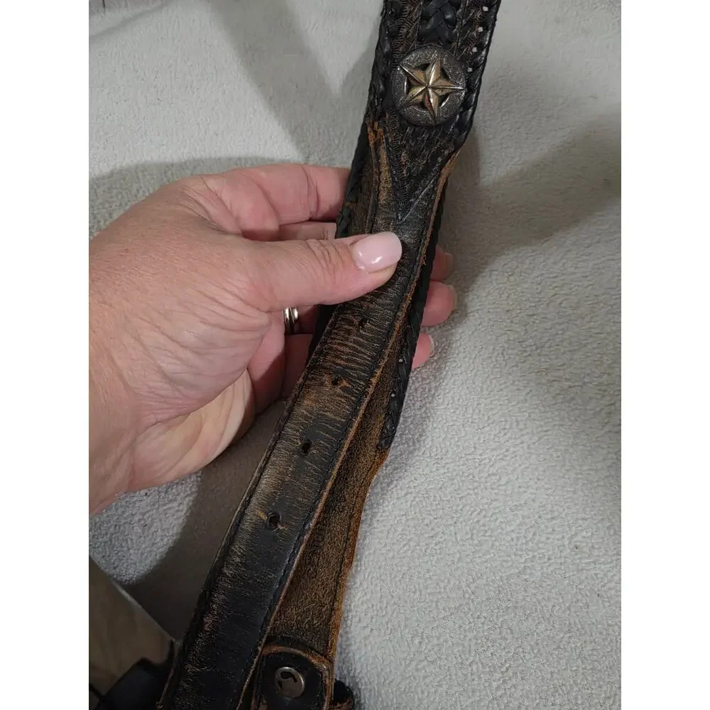 Vtg Braided Leather Western Star Concho BELT 40 Brown Silver Buckle Rodeo